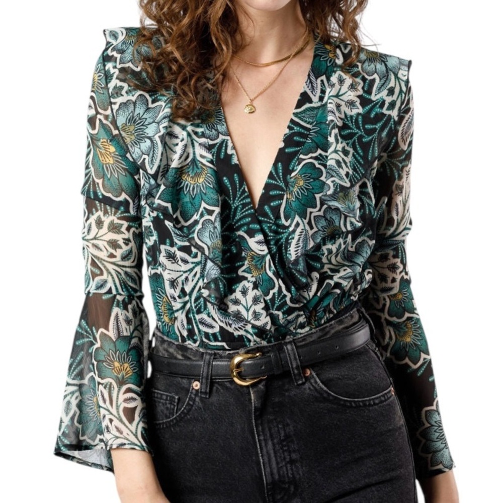 New Band Of The Free Floral Flare Long Sleeve Bodysuit Black Emerald Size Medium